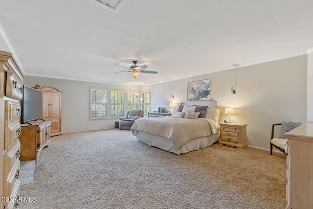 bedroom featuring ceiling fan, ornamental molding, and light carpet