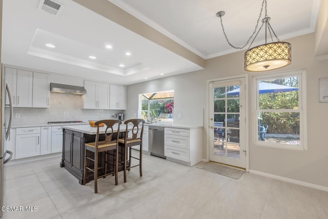 kitchen featuring white cabinetry, ventilation hood, hanging light fixtures, appliances with stainless steel finishes, and a kitchen island