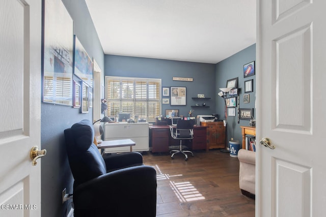 office space featuring dark hardwood / wood-style flooring