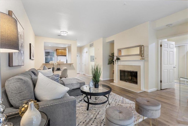 living room featuring a premium fireplace and light hardwood / wood-style floors