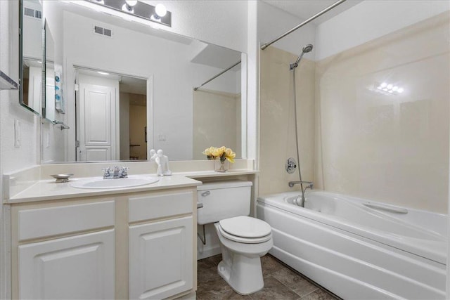 full bathroom with toilet, vanity, and bathtub / shower combination