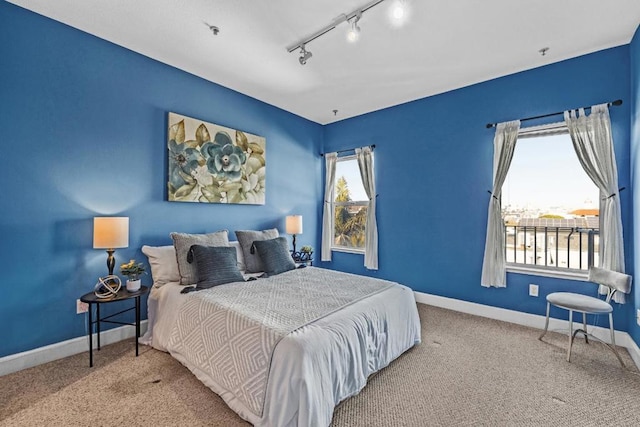 carpeted bedroom featuring rail lighting