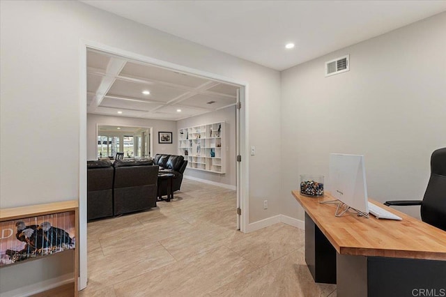 home office featuring recessed lighting, visible vents, baseboards, and coffered ceiling