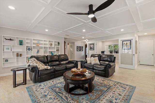 living area featuring recessed lighting, baseboards, coffered ceiling, and a ceiling fan