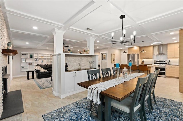 dining space with visible vents, coffered ceiling, decorative columns, recessed lighting, and a fireplace