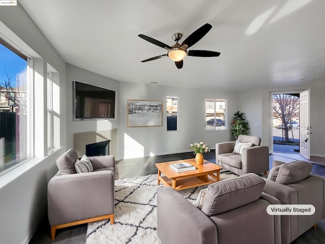 living room featuring ceiling fan