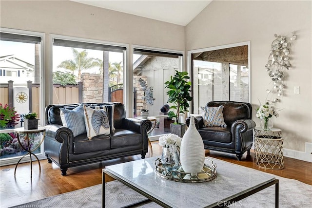 living room featuring lofted ceiling, plenty of natural light, and wood-type flooring