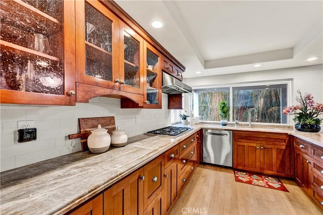 kitchen with a raised ceiling, backsplash, light stone counters, stainless steel appliances, and light wood-type flooring