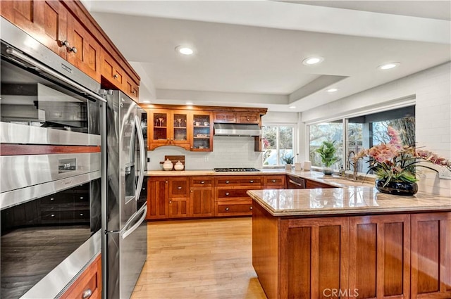 kitchen featuring sink, stainless steel appliances, decorative backsplash, a raised ceiling, and light wood-type flooring