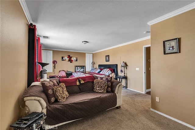 carpeted bedroom featuring crown molding