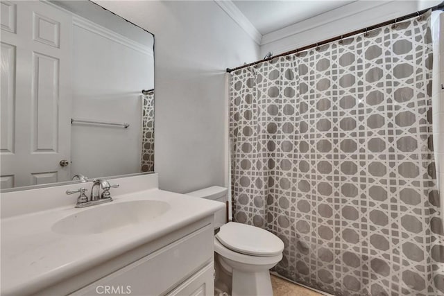 bathroom featuring tile patterned flooring, a shower with shower curtain, vanity, ornamental molding, and toilet