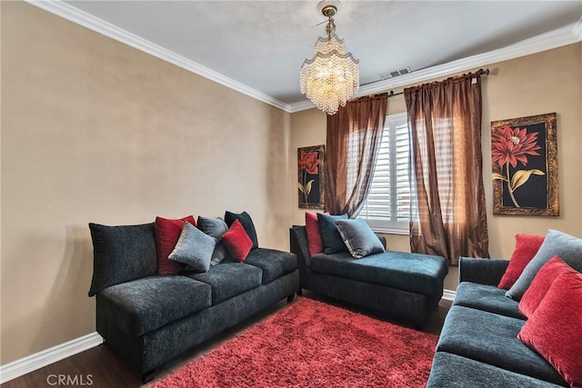 living room featuring crown molding, dark hardwood / wood-style floors, and a chandelier