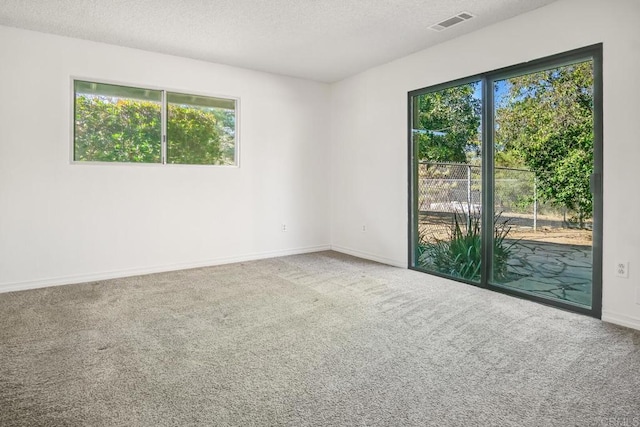 carpeted empty room featuring a textured ceiling