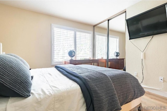 bedroom with multiple windows, wood-type flooring, and a closet