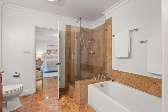 bathroom with independent shower and bath, crown molding, and toilet