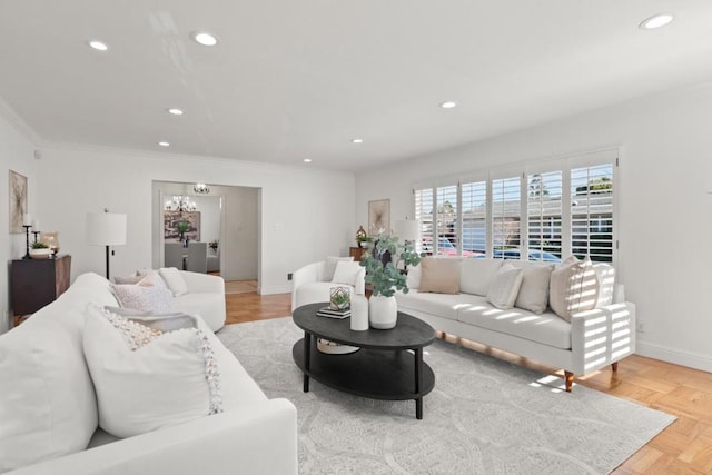 living room featuring crown molding and light parquet flooring