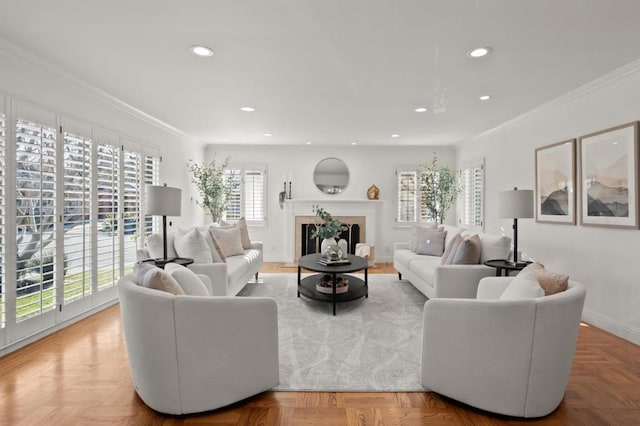 living room with crown molding and parquet floors