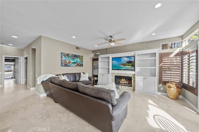 living room featuring ceiling fan