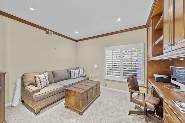 carpeted living room featuring crown molding