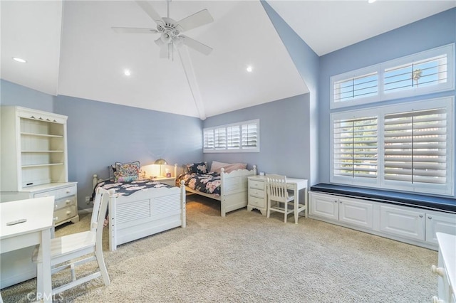 bedroom featuring high vaulted ceiling, light carpet, and ceiling fan