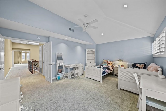 bedroom featuring high vaulted ceiling, light colored carpet, and ceiling fan