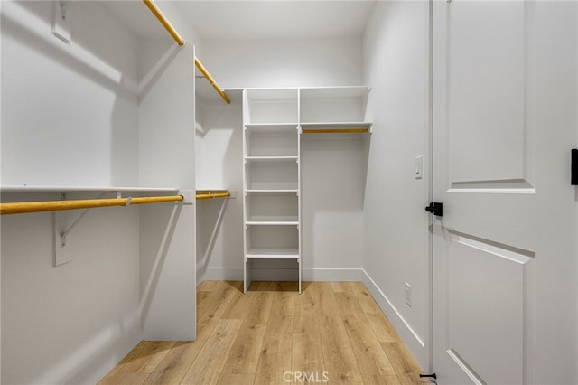 walk in closet with light hardwood / wood-style floors