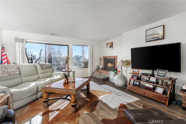 living room with wood-type flooring and a textured ceiling