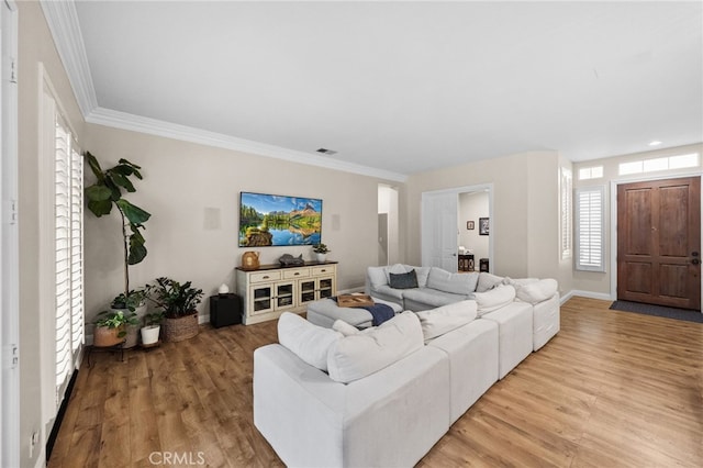 living room featuring ornamental molding and light wood-type flooring