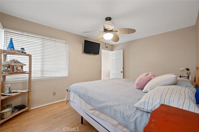 bedroom featuring ceiling fan and light hardwood / wood-style floors