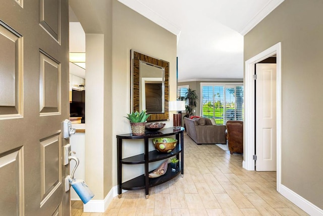 hallway with ornamental molding and light wood-type flooring