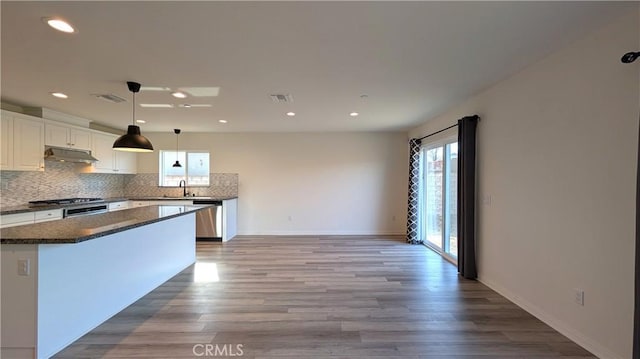 kitchen featuring pendant lighting, light hardwood / wood-style flooring, tasteful backsplash, white cabinets, and stainless steel dishwasher