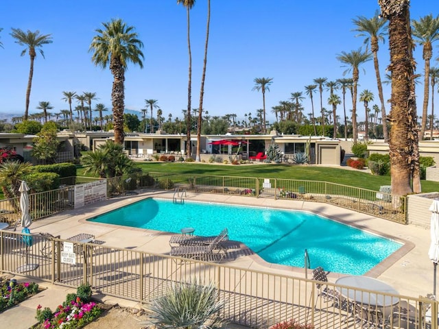 view of swimming pool with a patio area and a lawn