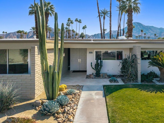 ranch-style house with a mountain view, a front yard, and a carport