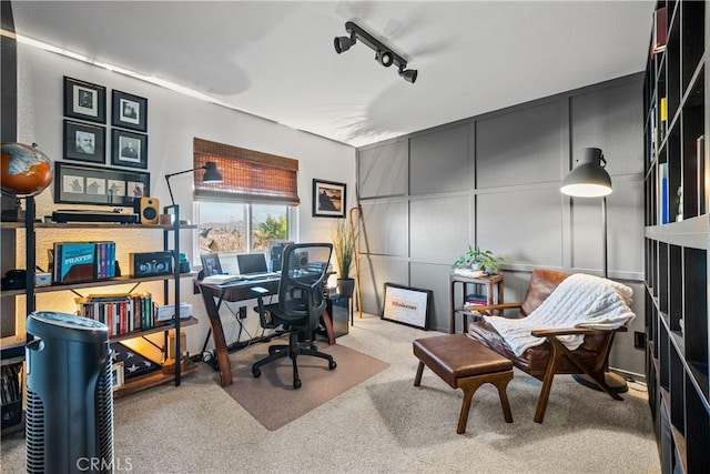 office with light carpet, rail lighting, and a decorative wall