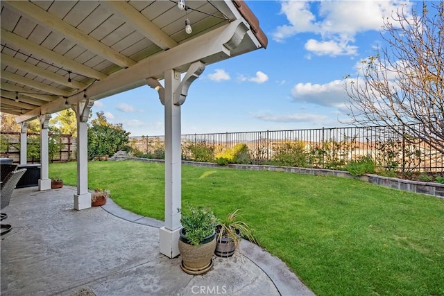 view of yard with a fenced backyard and a patio