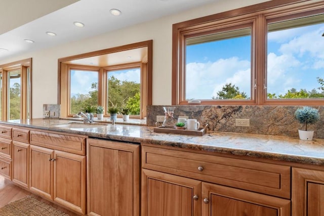 kitchen featuring light hardwood / wood-style floors, light stone countertops, sink, and backsplash