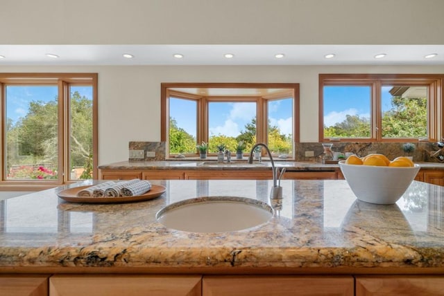 kitchen featuring tasteful backsplash, light stone countertops, and sink