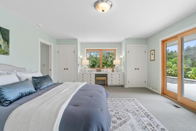 bedroom with multiple windows, access to exterior, and light colored carpet