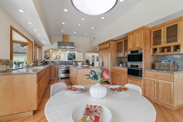 kitchen featuring tasteful backsplash, sink, high end appliances, light stone counters, and kitchen peninsula