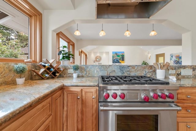 kitchen featuring high end stainless steel range oven and decorative light fixtures