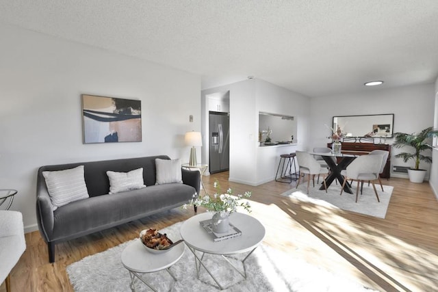 living room featuring hardwood / wood-style flooring and a textured ceiling