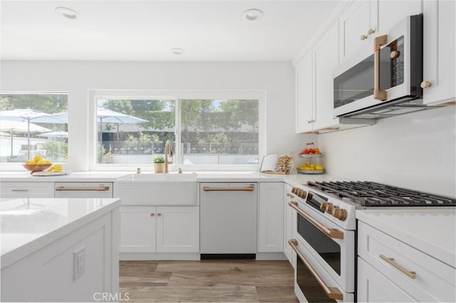 kitchen with white cabinetry, high end white range oven, a wealth of natural light, and sink