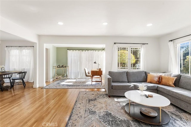 living room with plenty of natural light and hardwood / wood-style floors