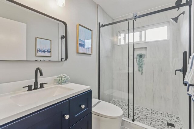 bathroom with vanity, a shower with door, and toilet