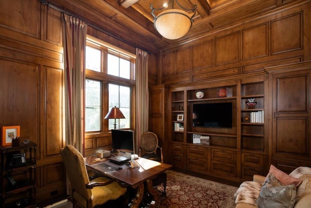 home office with built in shelves, wooden ceiling, and wood walls