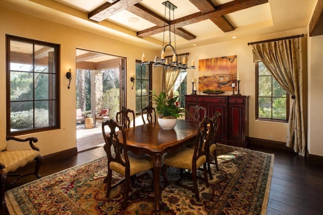 dining area featuring coffered ceiling, plenty of natural light, and dark wood-type flooring