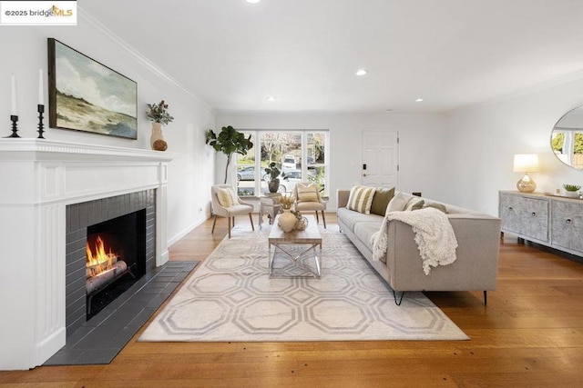 living room with crown molding, a fireplace, and light wood-type flooring