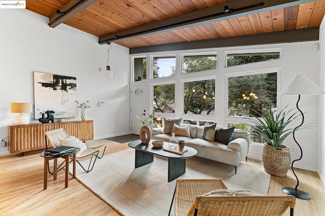 living room with light hardwood / wood-style flooring, beam ceiling, radiator heating unit, and wooden ceiling