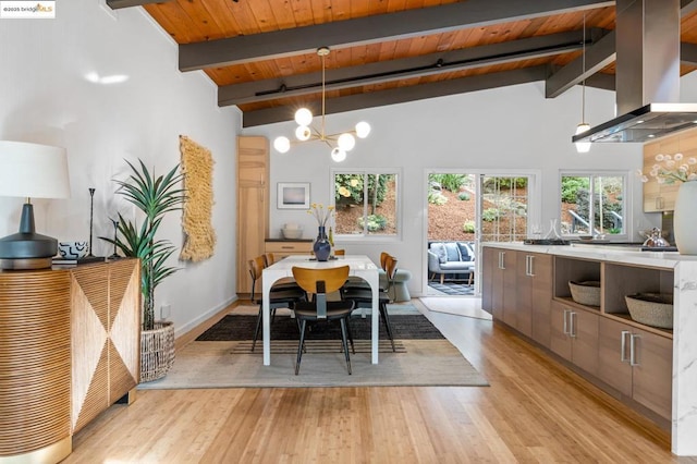 dining space with high vaulted ceiling, a notable chandelier, wooden ceiling, beamed ceiling, and light wood-type flooring