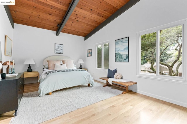 bedroom with vaulted ceiling with beams, wooden ceiling, and light hardwood / wood-style floors